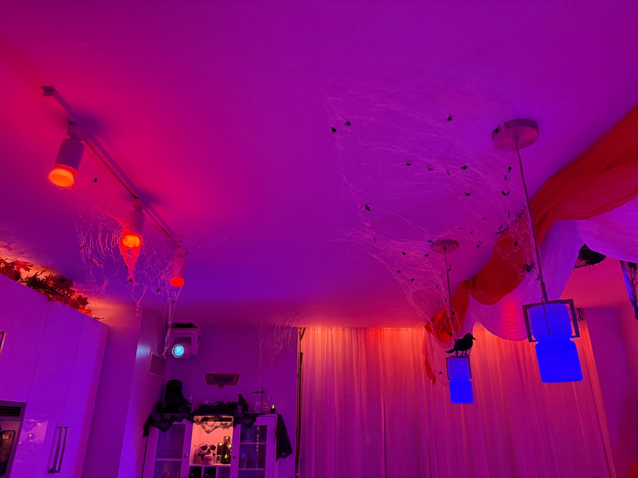 Colored lighting and hanging lanterns overhead.