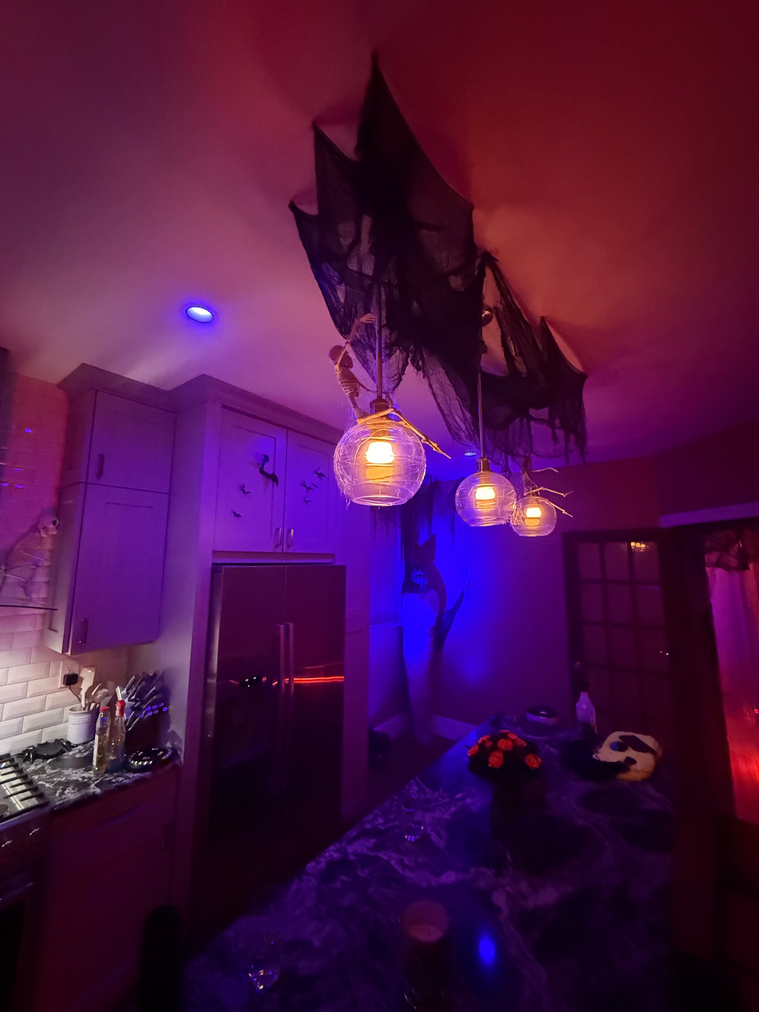 Hanging fabric and skeleton details above the kitchen lights.